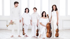 Simon Zöchbauer & Koehne Quartett © Michèle Pauty Simon Zöchbauer & Koehne Quartett mit ihren Instrumenten.